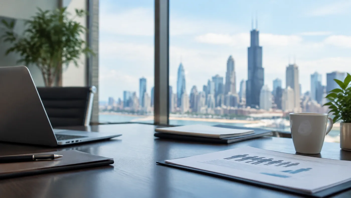 A bright Chicago office workspace prepared for thoughtful planning